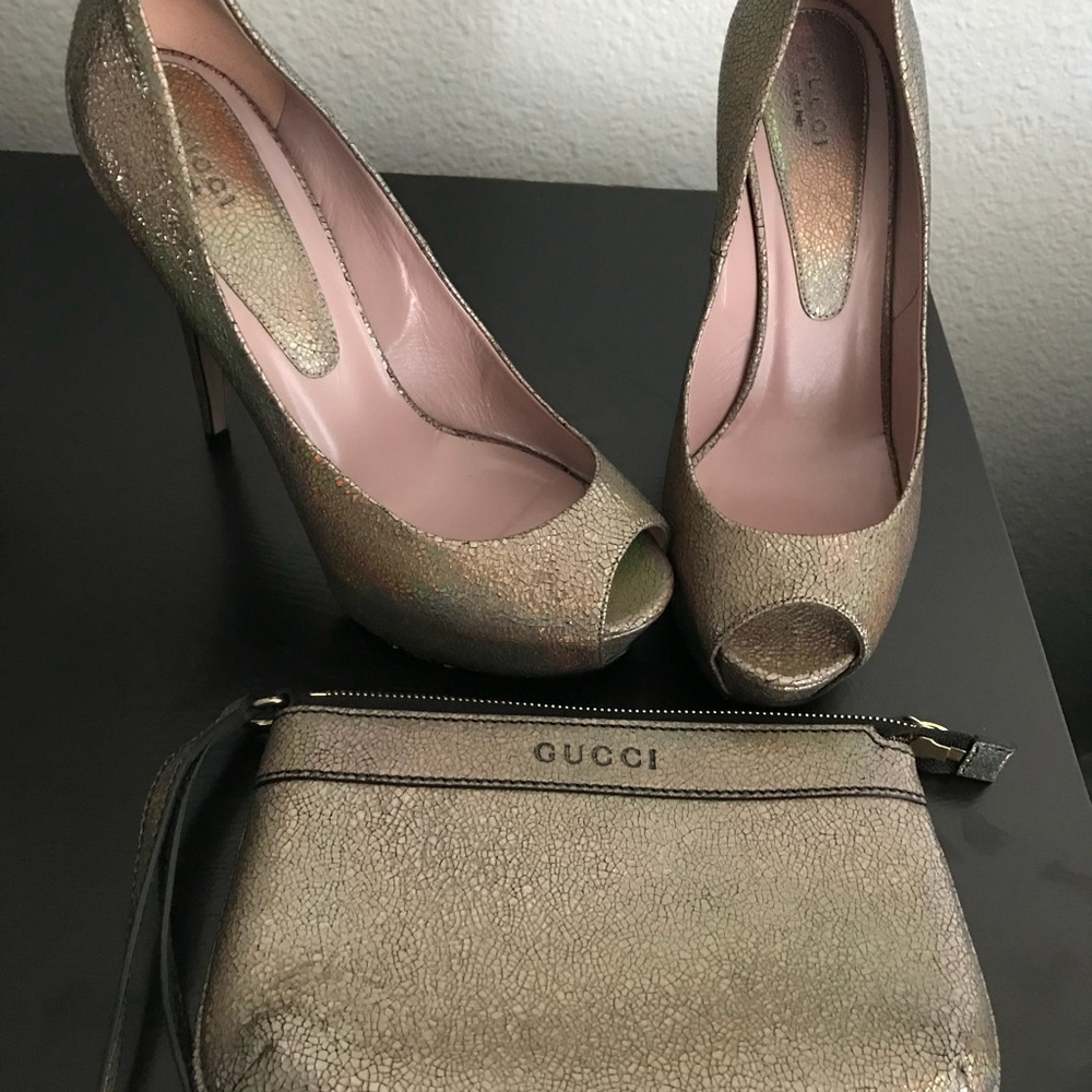 Gucci Holographic Leather Heels and Wristlet